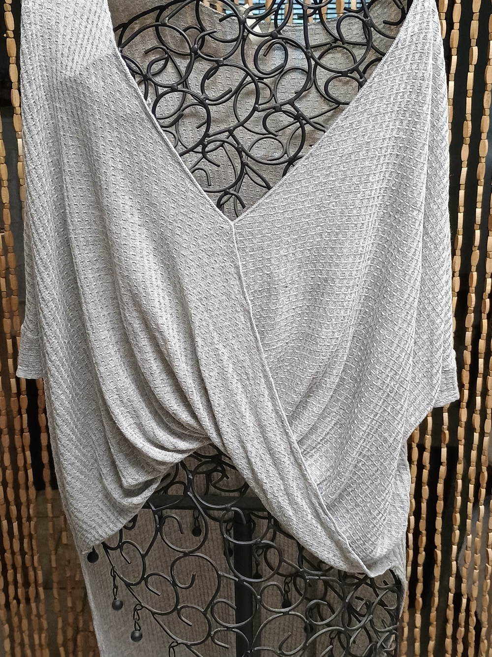 Gray Draped V-Neck Women's Top - Stylish Wrap Front